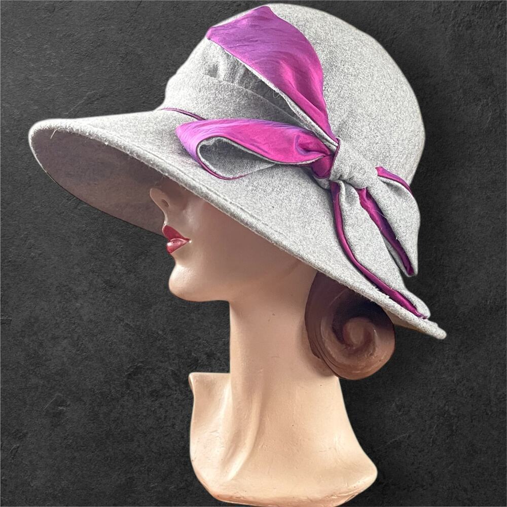 Kate Landry Grey 100% Wool Hat Wide Brim Cloche Purple Satin Ribbon ✨READ✨ - Picture 3 of 13